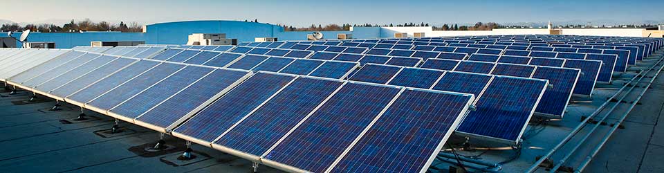 Solar panels on the roof of the Pacific Color Graphics building, Pleasanton, California